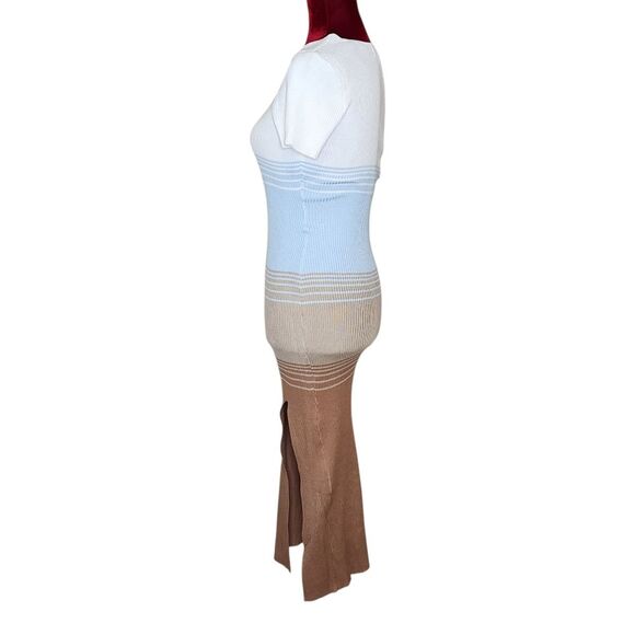 Almost Famous Ribbed Midi Dress Short Sleeve White Blue Tan Striped Colorblock M - Picture 3 of 10